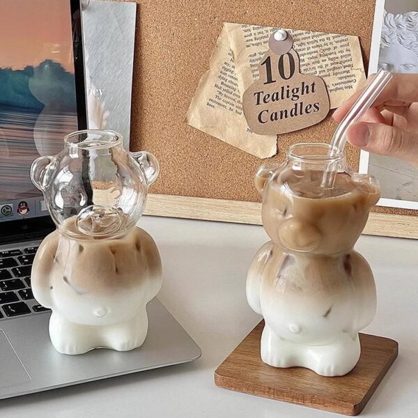 320ml Bear Glass Cup With Straw