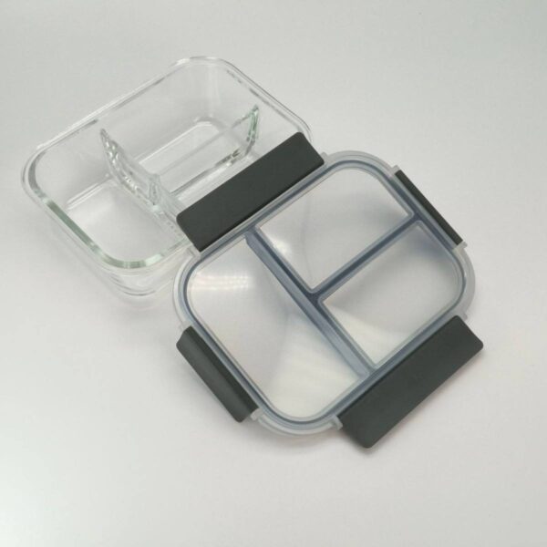 1040ml Borosilicate Glass Partitioned Food Storage Box with Snap- 3 parts