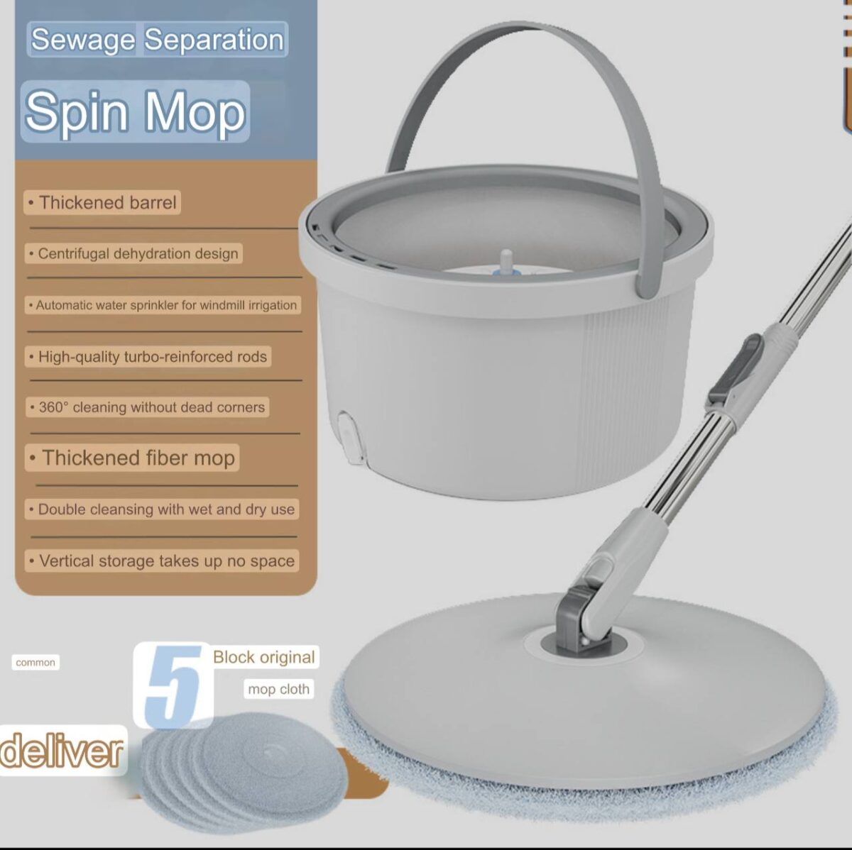 Round Rotary Mop Bucket with 5 Mop Cloths - Image 2