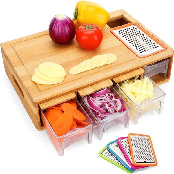 Bamboo Cutting Board with Drawers & Accessories